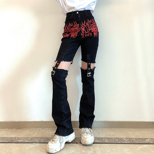 Flame Print Split Black Jean Women