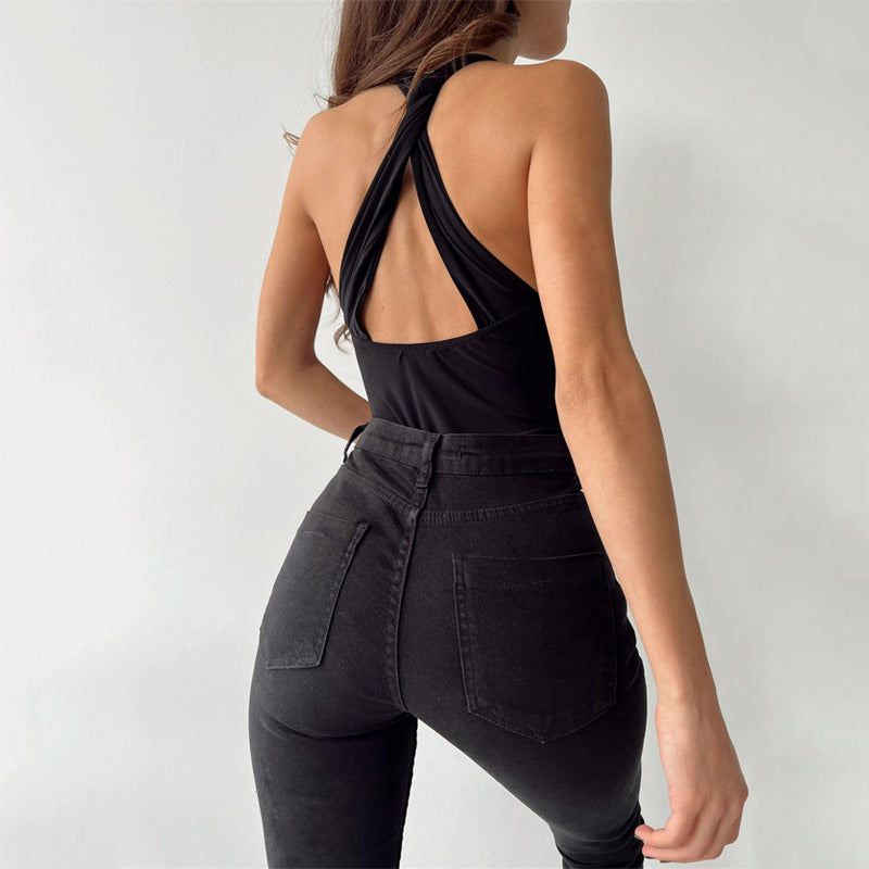 Solid Color Halter Strap Bodysuit