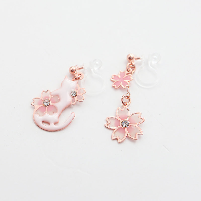 Sakura Floral Cat Earrings/Clip on Earring