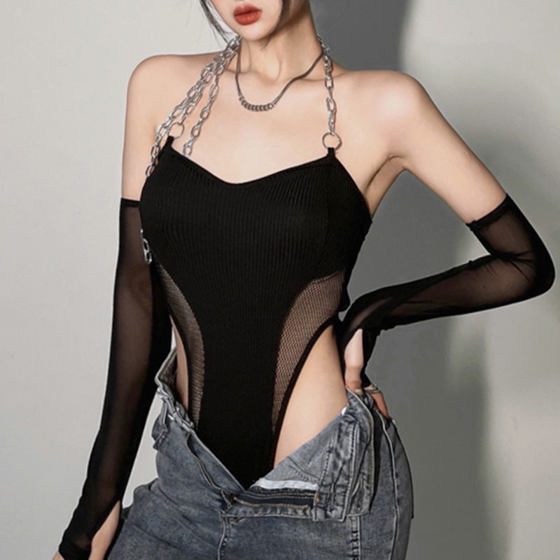 Knitted Mesh Sleeve Chain Halter Straps Bodysuit