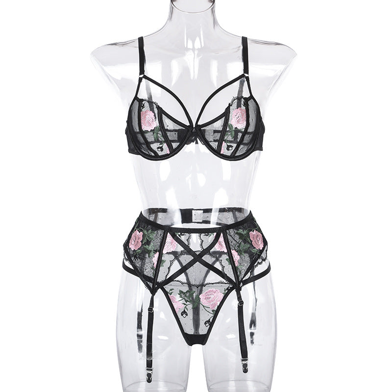 Floral Embroidery Underwire Push-up Bra & Garter Set