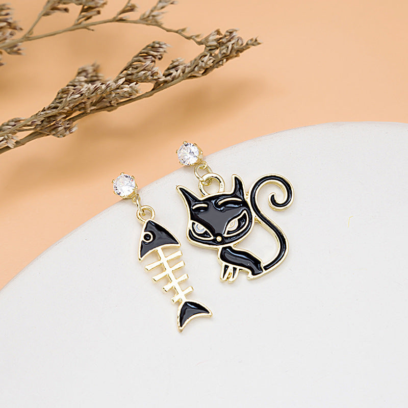 Cartoon Cat & Fish Bone Stud Earrings