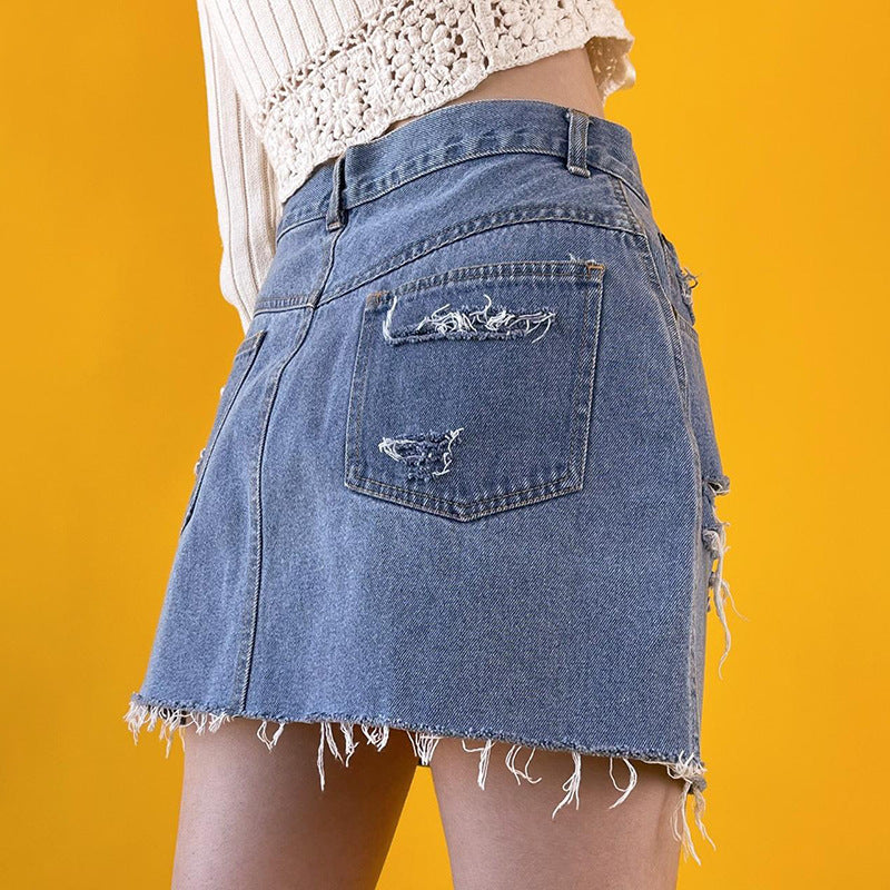 Hole Ribbed High Waist Jean Skirt Women