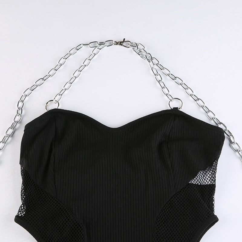 Knitted Mesh Sleeve Chain Halter Straps Bodysuit